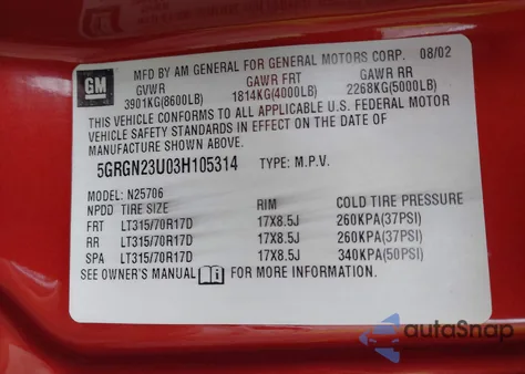 2003 Hummer H2 from USA, damaged, VIN 5GRGN23U03H105314